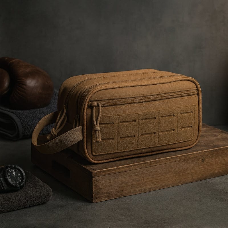 Trousse de toilette homme couleur sable, style militaire pour le voyage