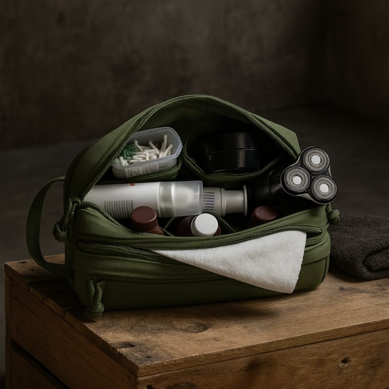 Trousse de toilette homme verte avec compartiments organisés pour voyage