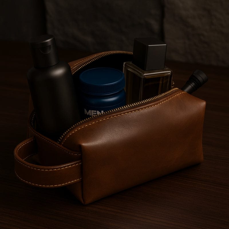trousse de toilette voyage homme compacte avec produits masculins