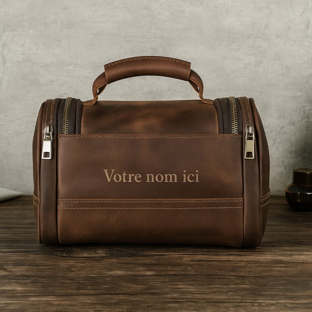Trousse de toilette cuir vintage homme vue arrière avec finitions cuir marron et surpiqûres