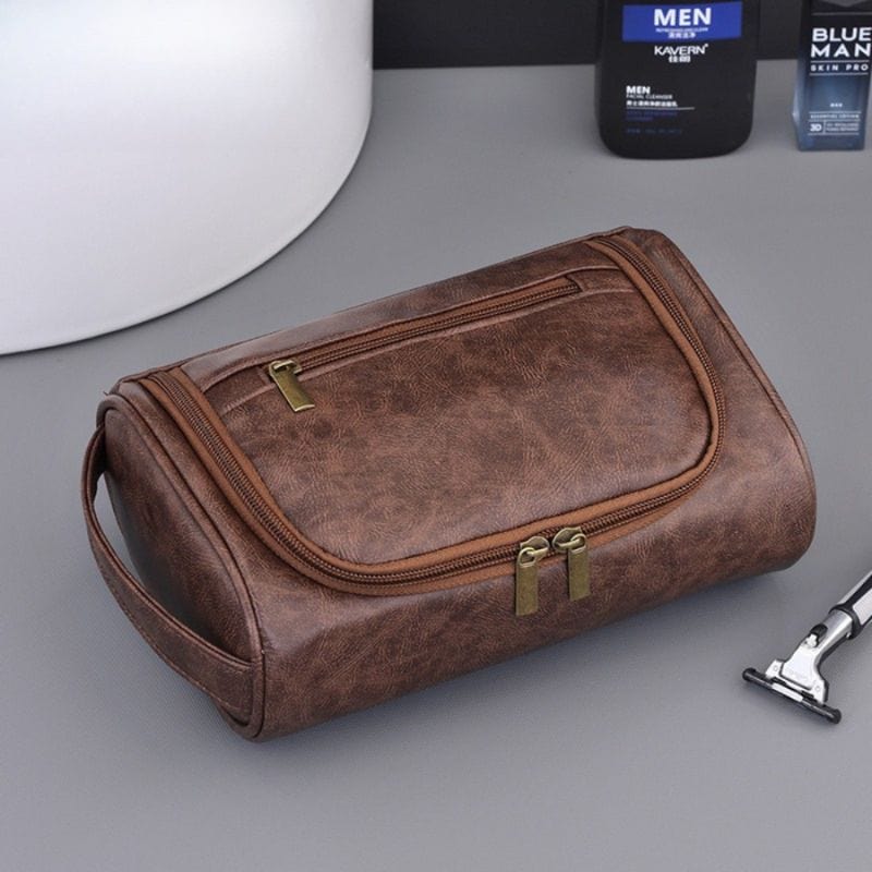 trousse de toilette homme cuir marron vintage avec fermetures éclair robustes