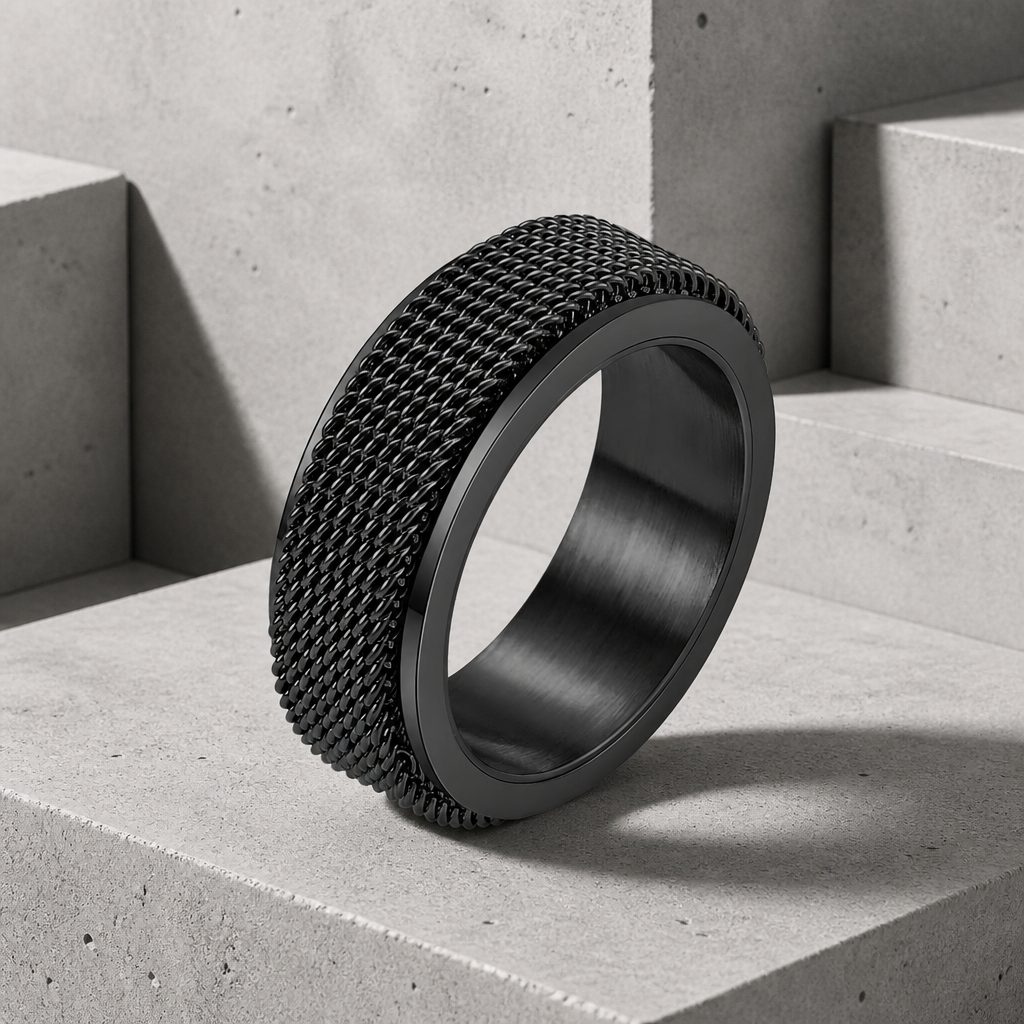 Bague d'anxiété homme noire, maille tressée noire tournante