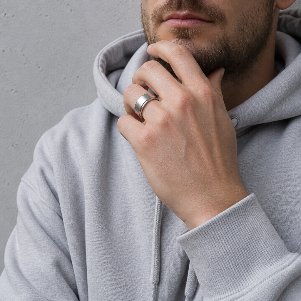 Homme en sweat gris portant la bague anti-stress argent, main près du menton