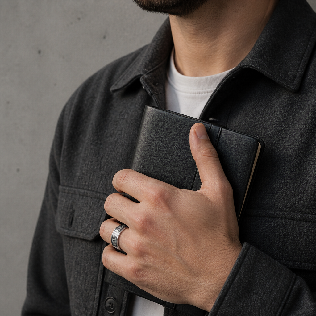 Homme en surchemise anthracite portant la bague celtique argentée, carnet en cuir à la main