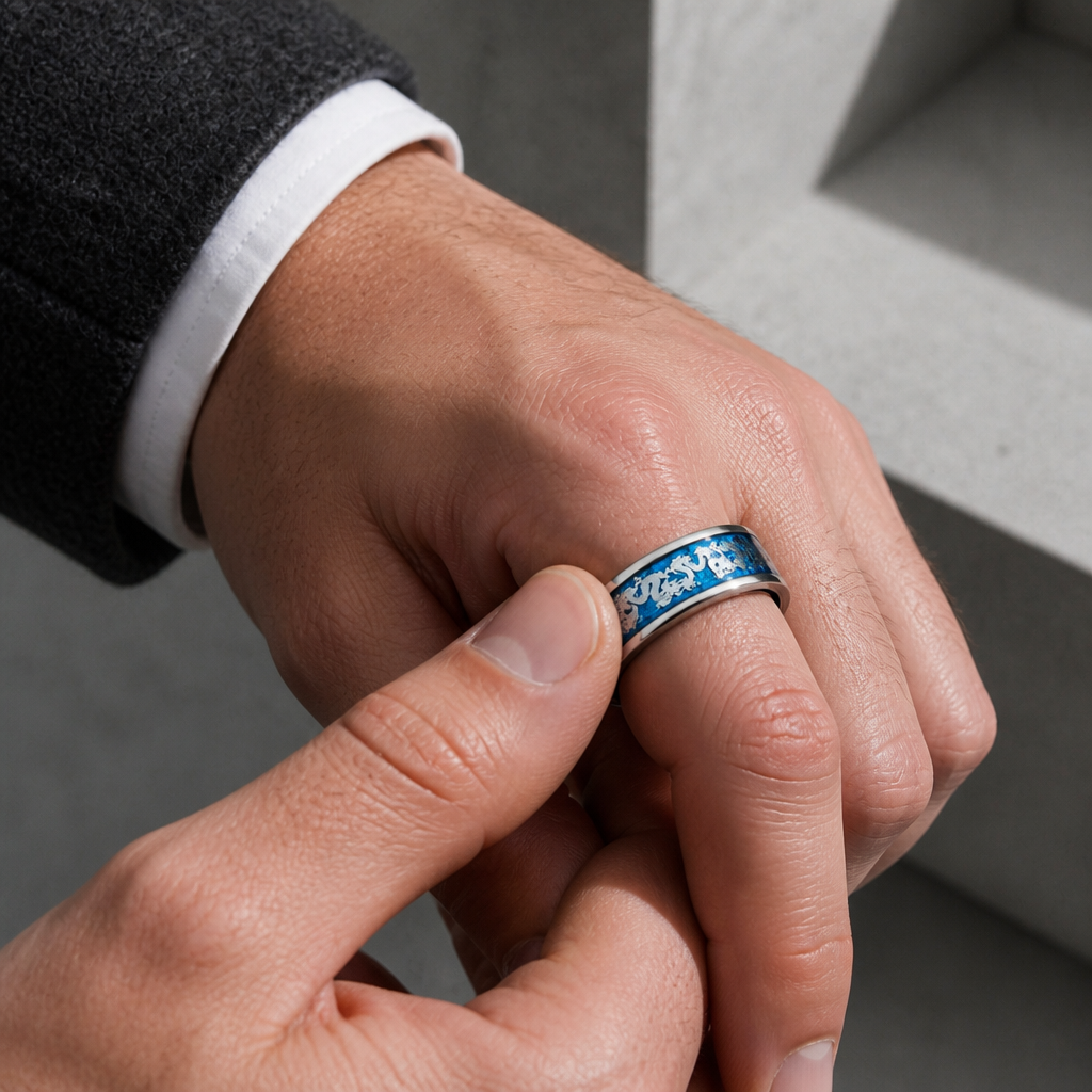Bague à dragons argentés portée à l'index d'un homme qui fait tourner la frise