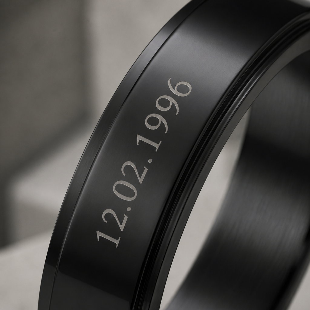 Gros plan sur la date 12.02.1996 gravée sur la bague noire, exemple de personnalisation