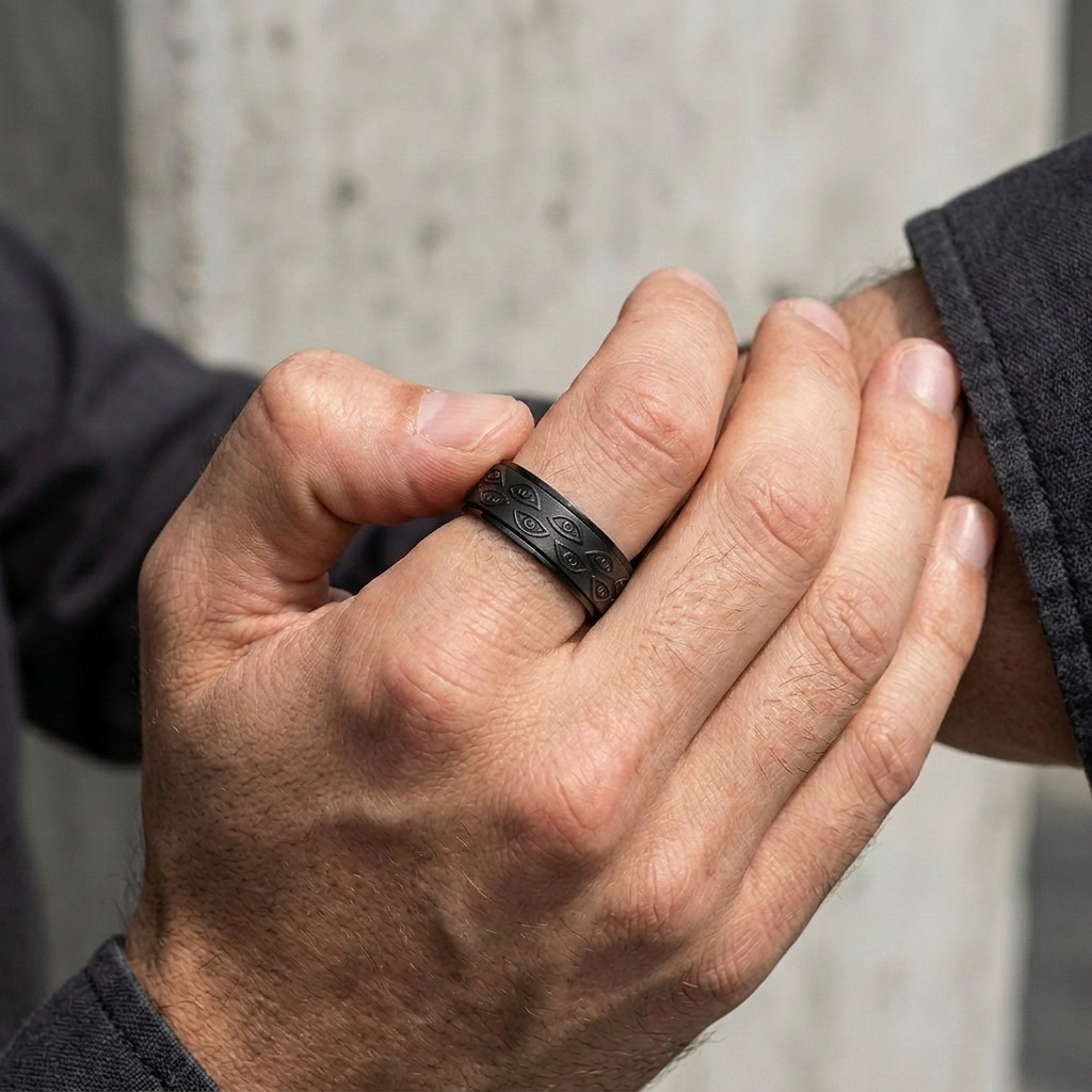 Bague tournante noir mat portée au doigt, pouce sur la bande gravée