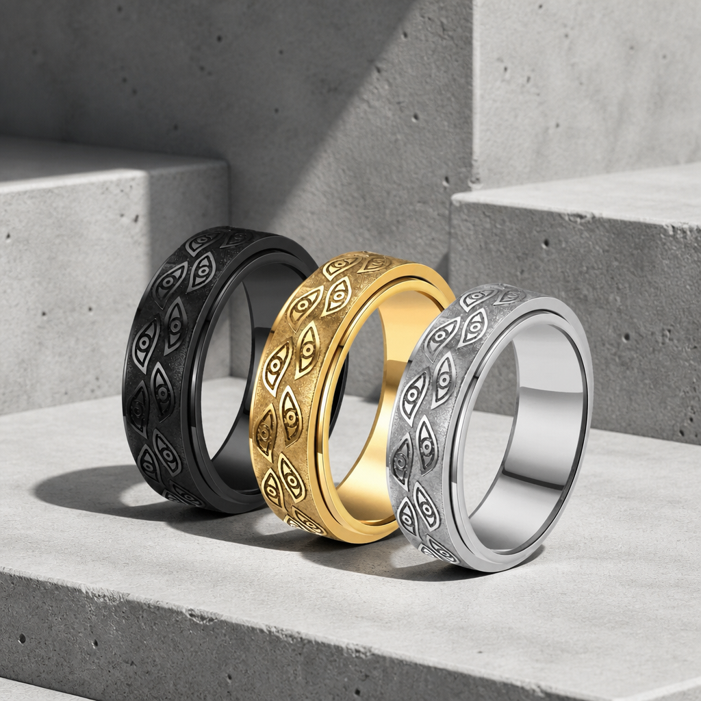 Les trois finitions de la bague tournante homme : noir, doré et acier brossé