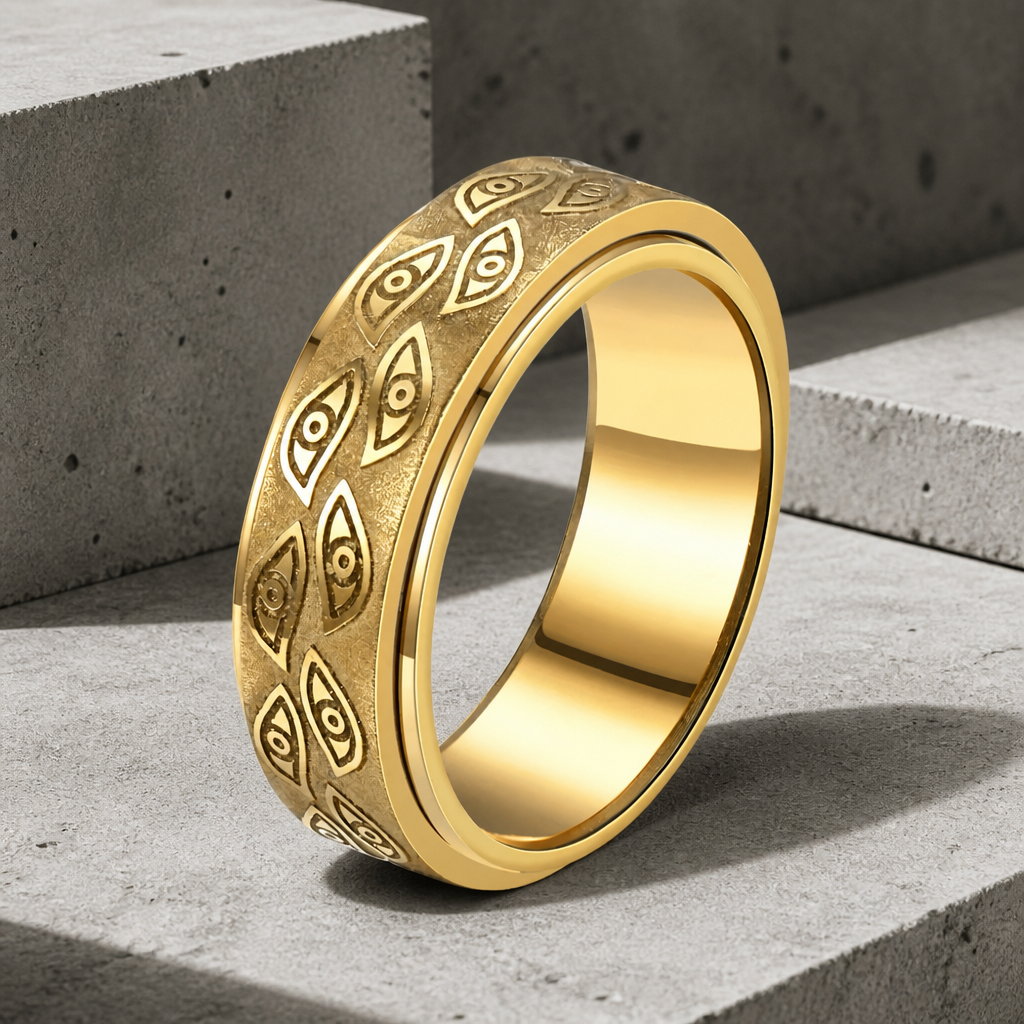 Bague tournante homme finition dorée, frise d'yeux gravée sur la bande mobile