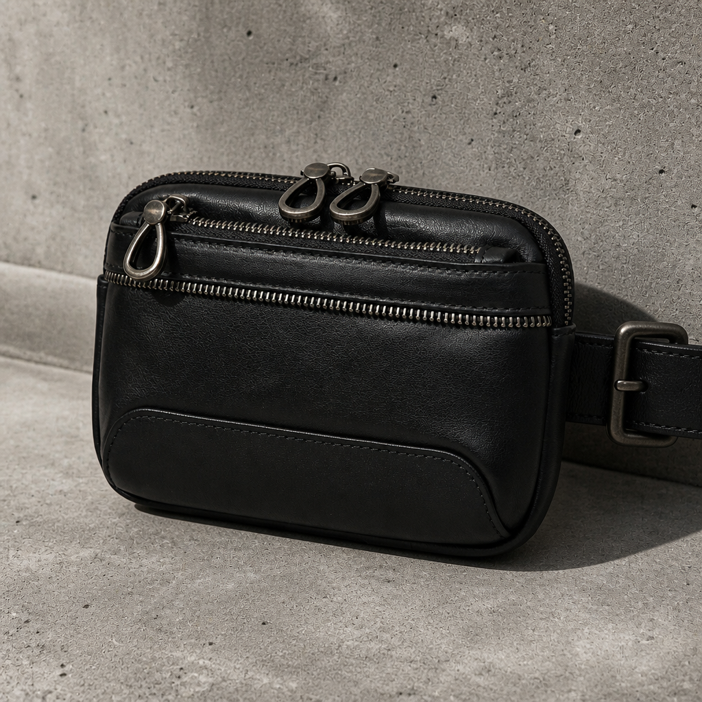 Banane porte monnaie homme en cuir véritable noir, sacoche de ceinture, sur béton
