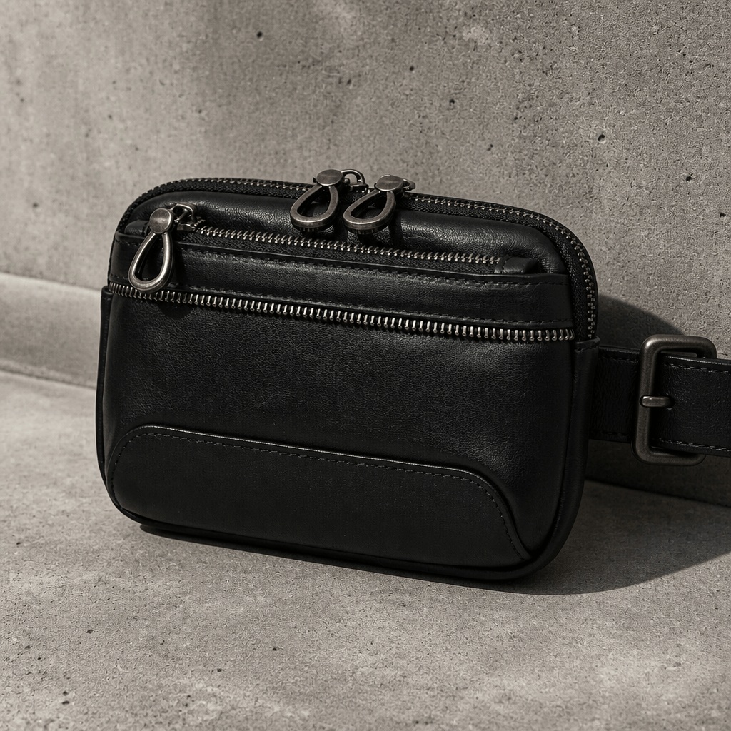 Banane porte monnaie homme en cuir véritable noir, sacoche de ceinture, sur béton
