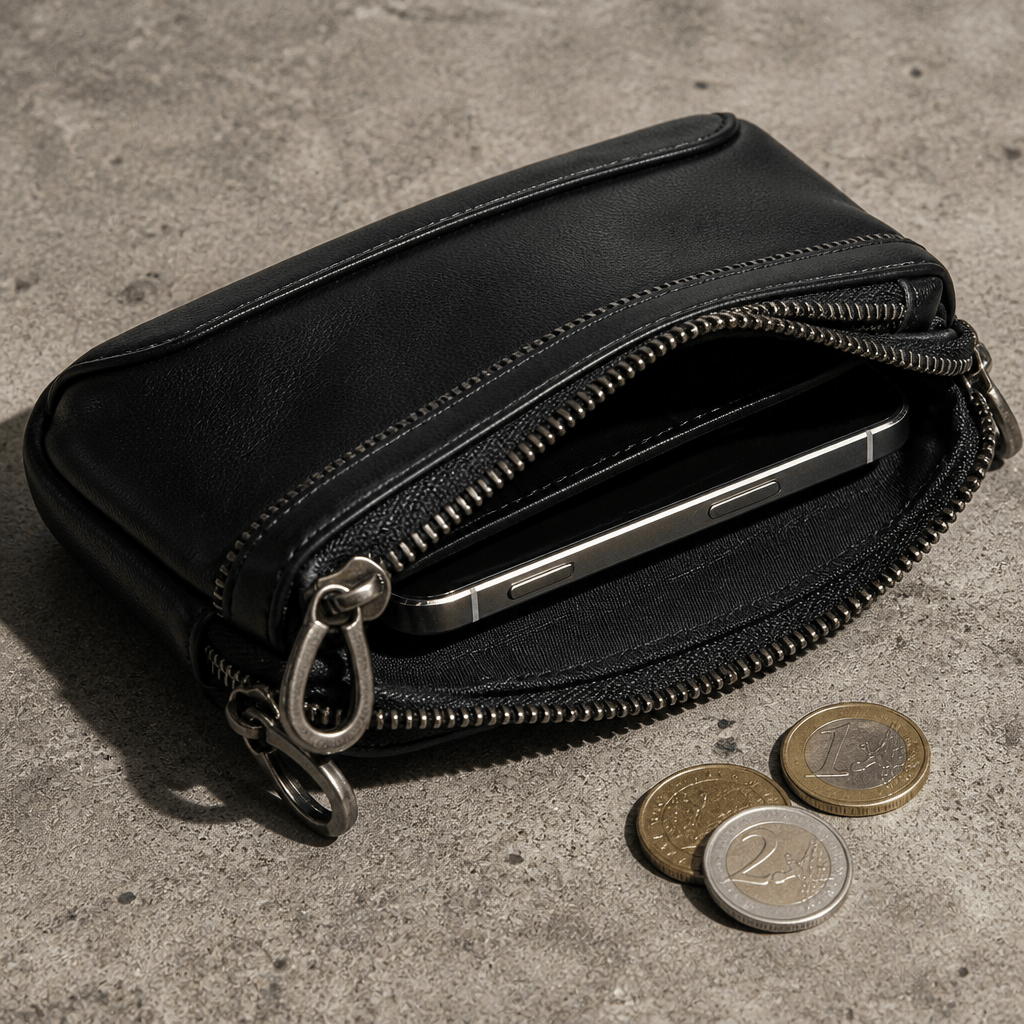 Banane porte monnaie en cuir noir ouverte, téléphone et pièces à l'intérieur