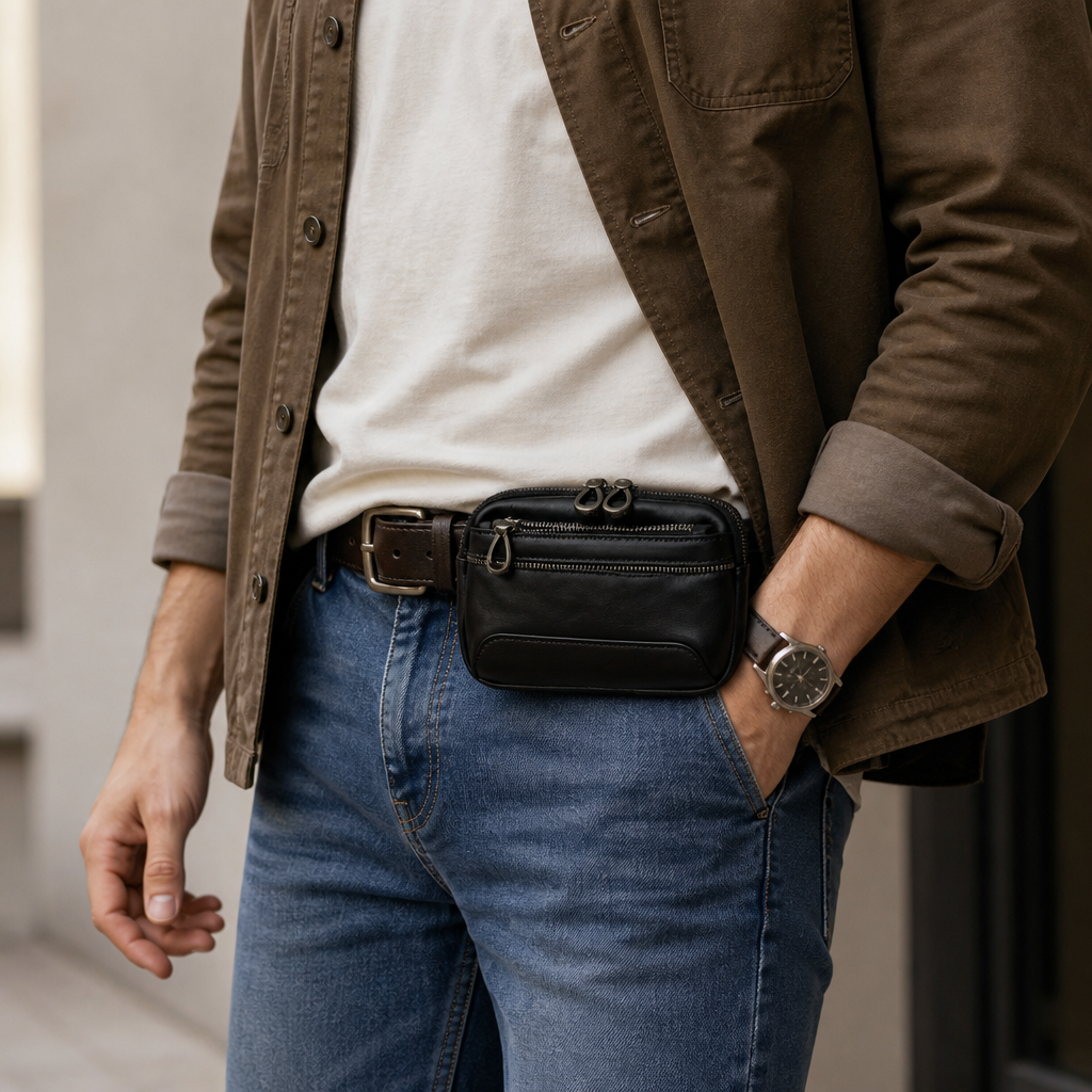 Homme portant une banane porte monnaie en cuir noir à la ceinture