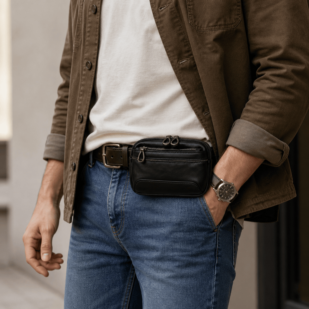 Homme portant une banane porte monnaie en cuir noir à la ceinture