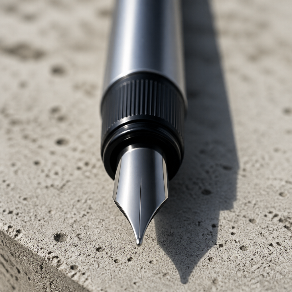 Gros plan sur la plume en acier du stylo plume homme minimaliste