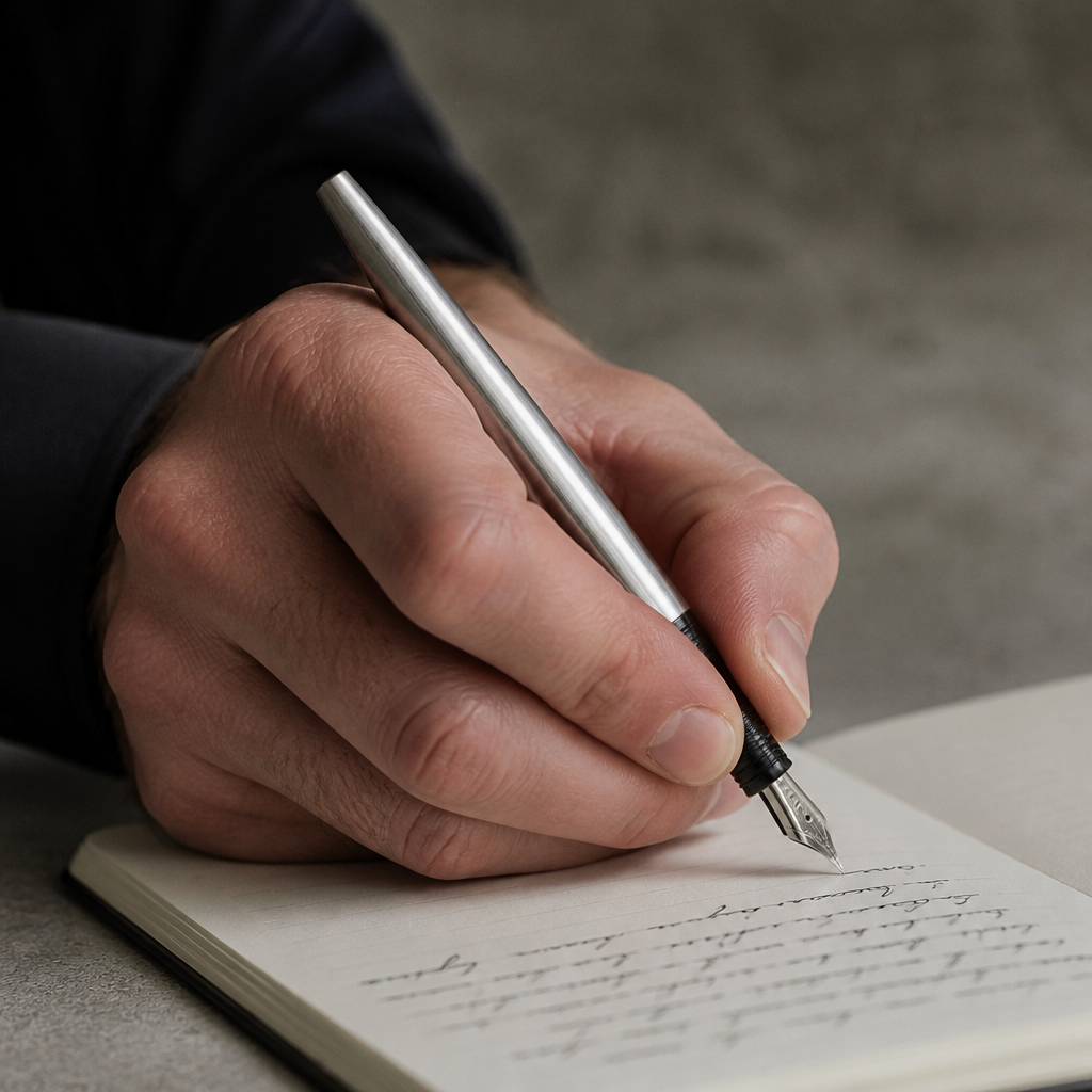 Homme écrivant à la main avec le stylo plume minimaliste en acier