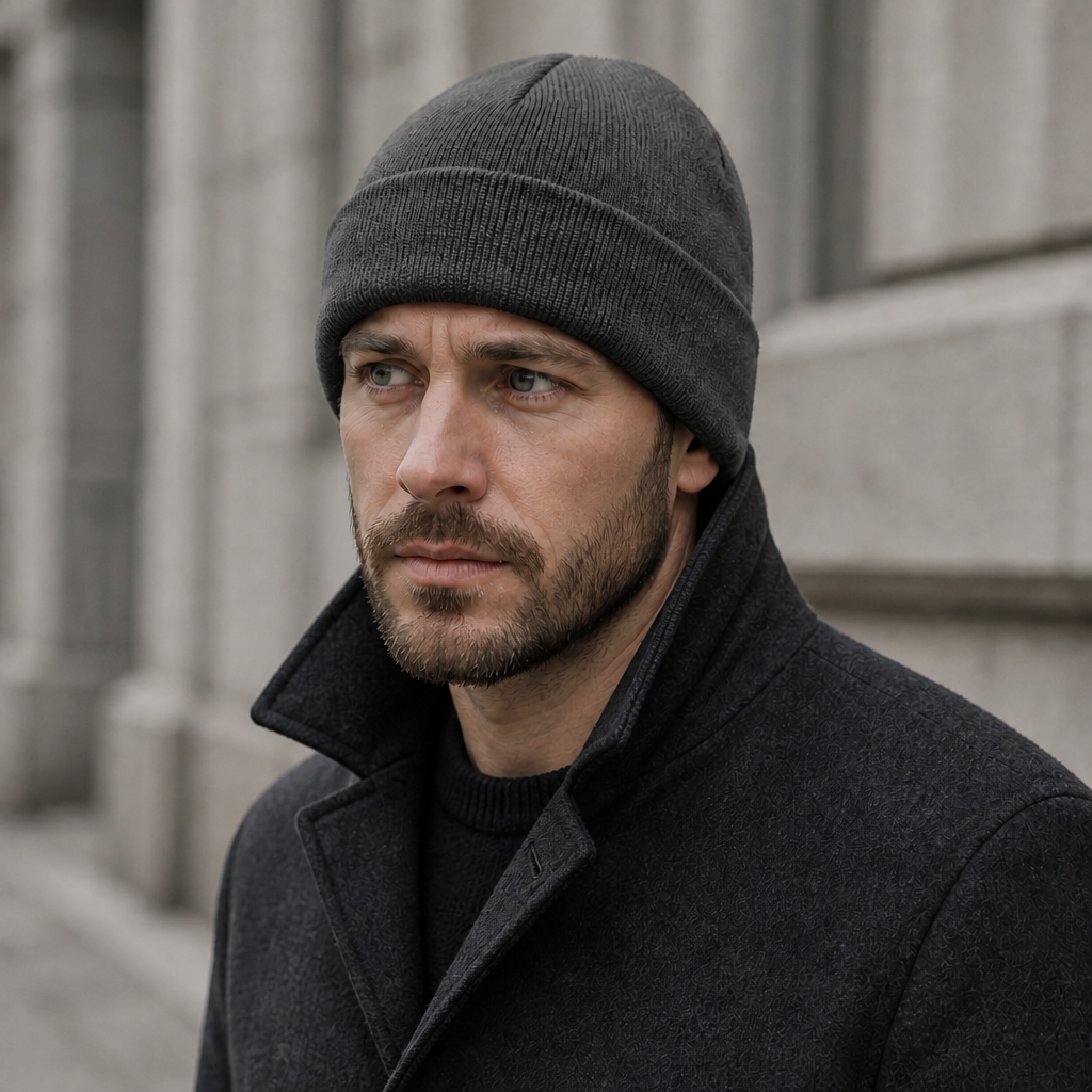 Homme portant le bonnet à revers gris foncé, front et oreilles couverts