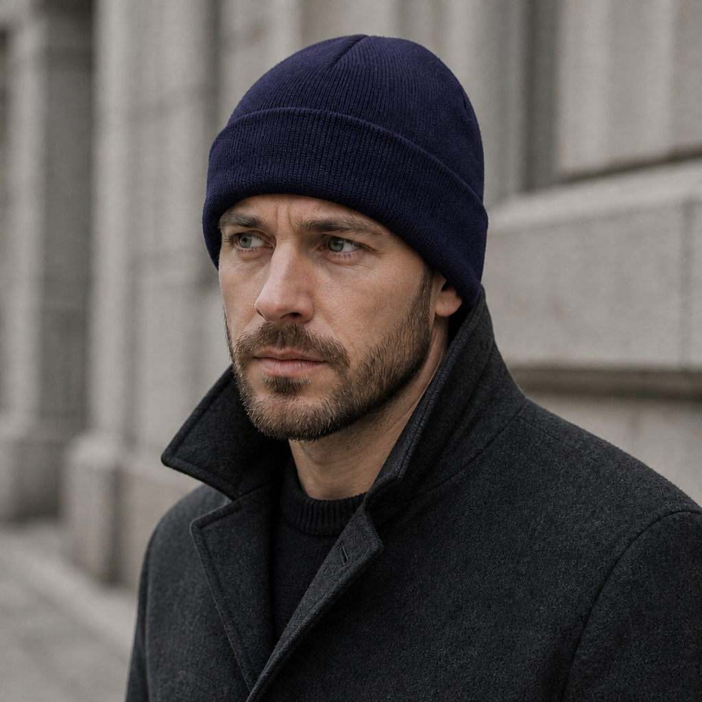 Homme portant le beanie bleu marine, revers sur les oreilles, en ville l'hiver