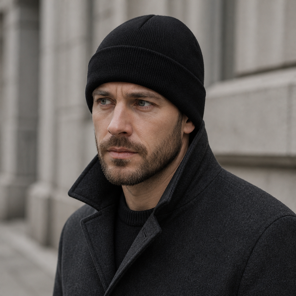 Homme portant le bonnet à revers noir enfoncé sur les oreilles, avec un manteau gris anthracite