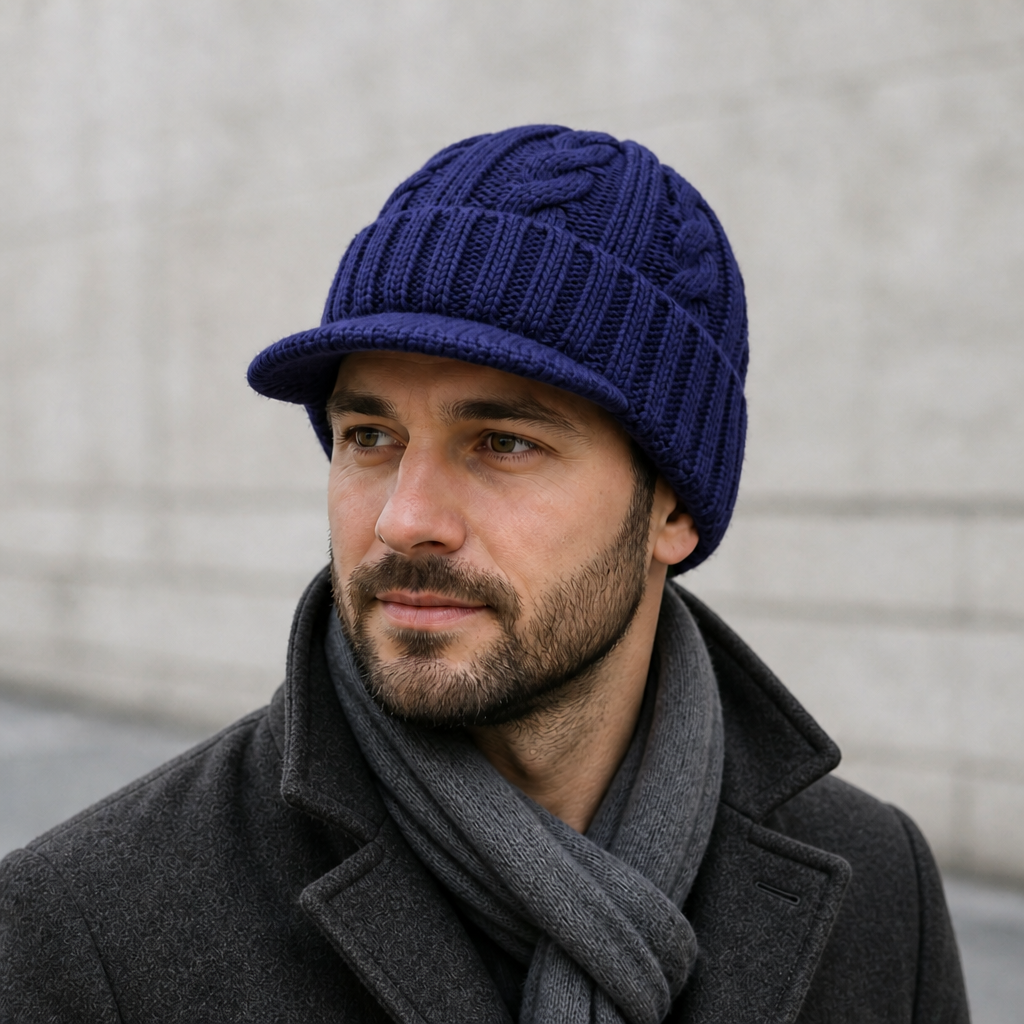 Homme portant le bonnet à visière bleu marine avec un manteau gris anthracite