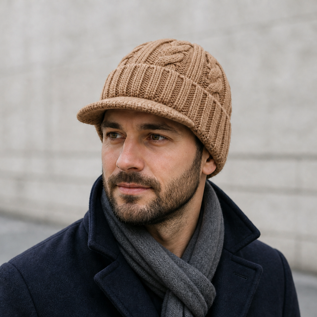 Des Finitions Exemplaires - Bonnet à Visière Homme en Maille Torsadée Doublée Polaire