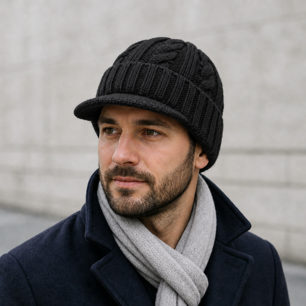 Homme portant le bonnet à visière noir avec une écharpe gris clair