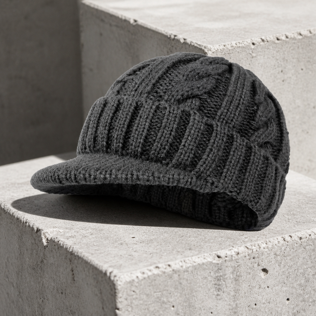 Bonnet à visière homme gris foncé en maille torsadée, revers côtelé et courte visière tricotée