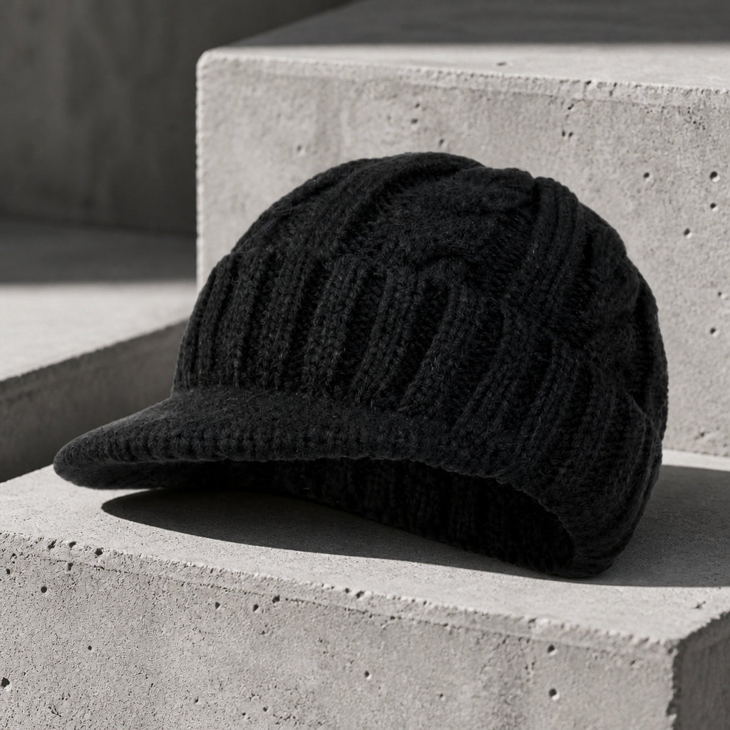 Bonnet à visière homme noir en maille torsadée doublée polaire