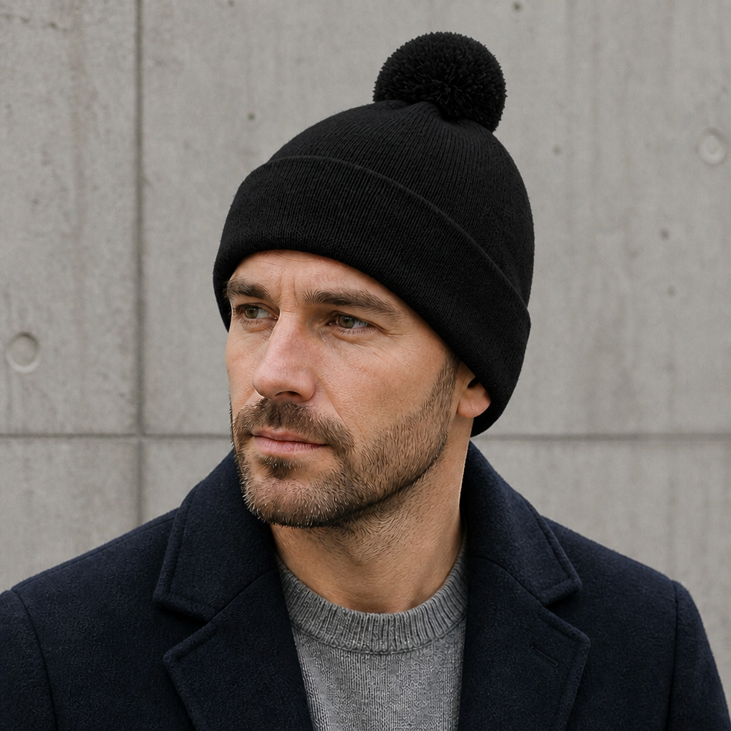 Homme portant le bonnet à pompon noir avec un manteau marine