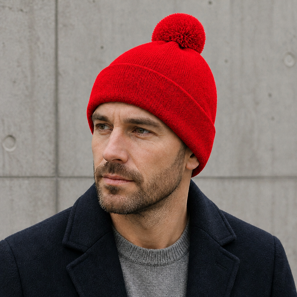 Homme portant le bonnet à pompon rouge avec un manteau sombre