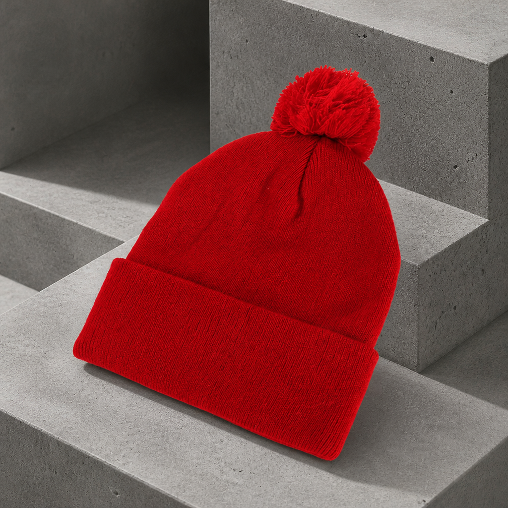 Bonnet avec pompon homme rouge, pompon assorti et bord retourné