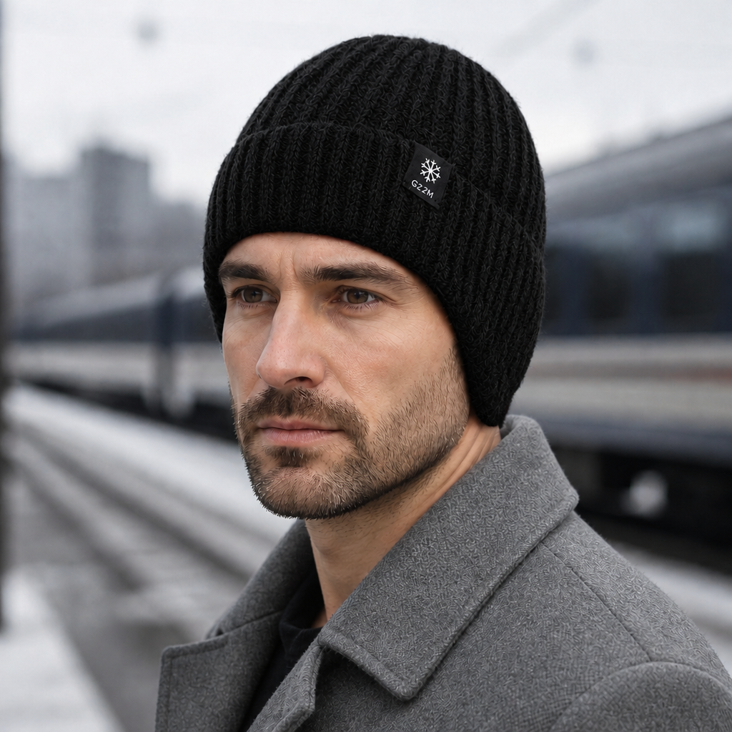 Homme portant le bonnet cache-oreilles noir, oreille couverte par la maille