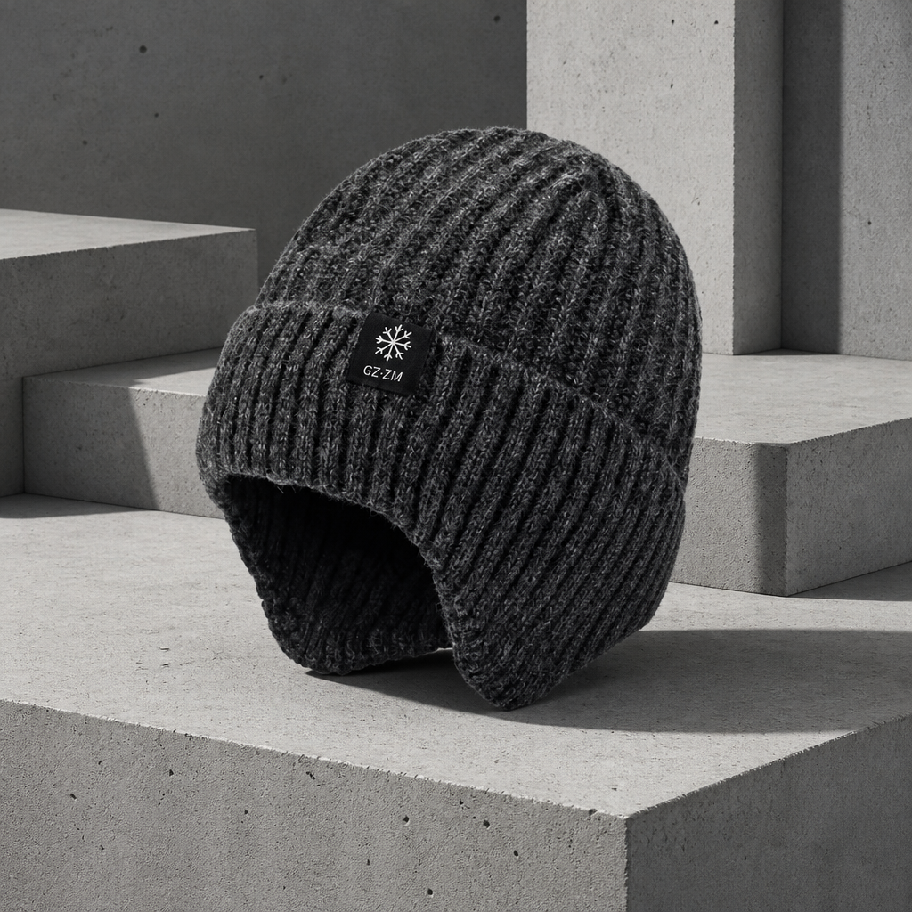 Bonnet cache oreille homme gris foncé en tricot à côtes, vu de trois quarts