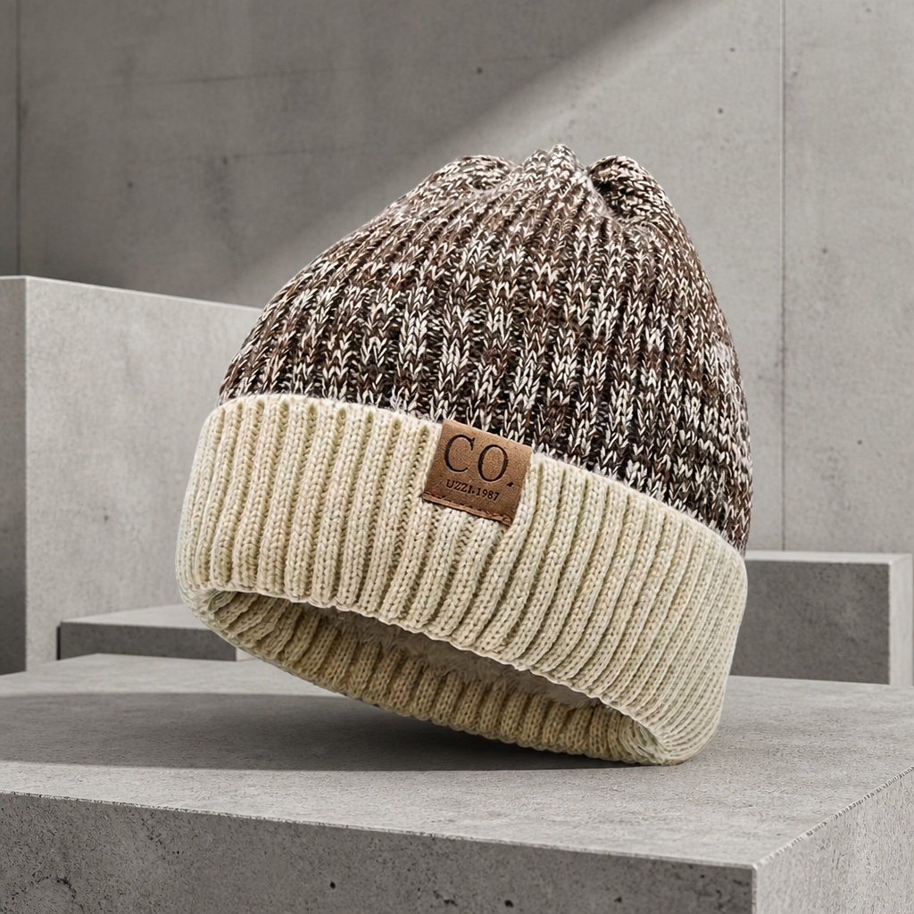 Bonnet chaud homme beige, calotte chinée marron et revers beige côtelé