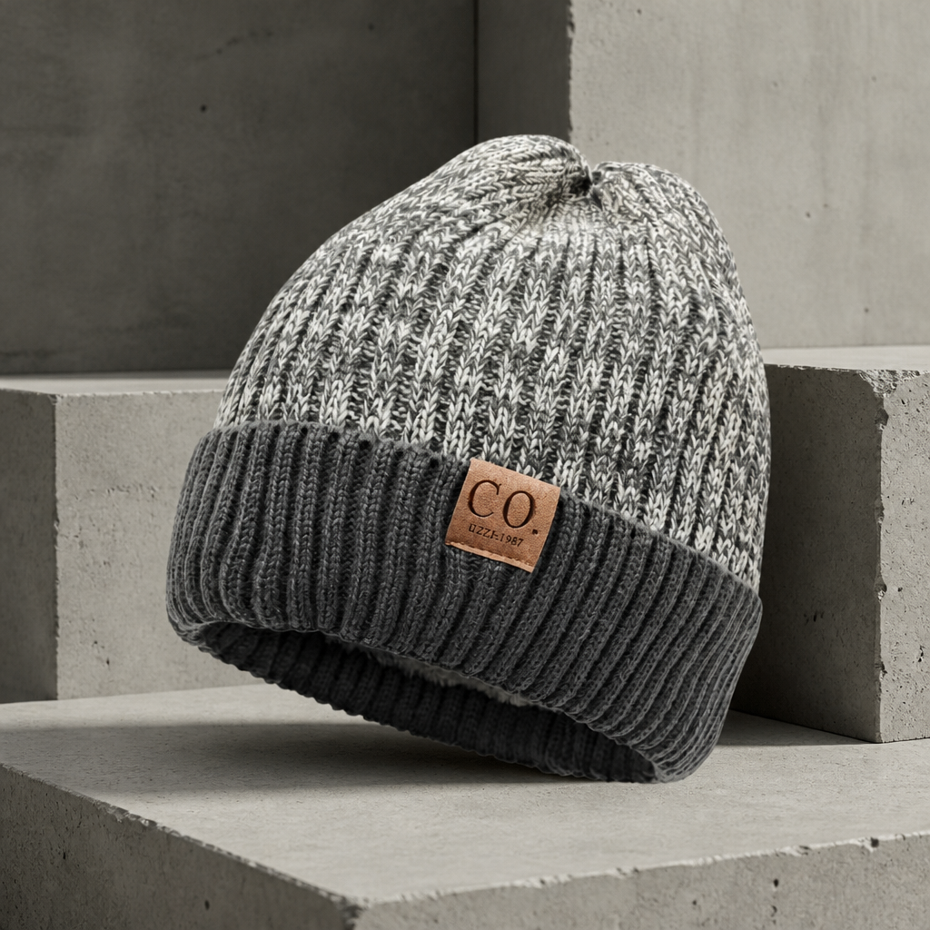 Bonnet chaud homme gris, maille chinée grise et revers gris foncé côtelé