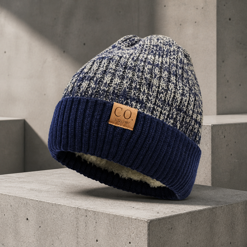 Bonnet chaud homme marine, calotte en maille chinée et revers marine, doublure peluche visible au bord