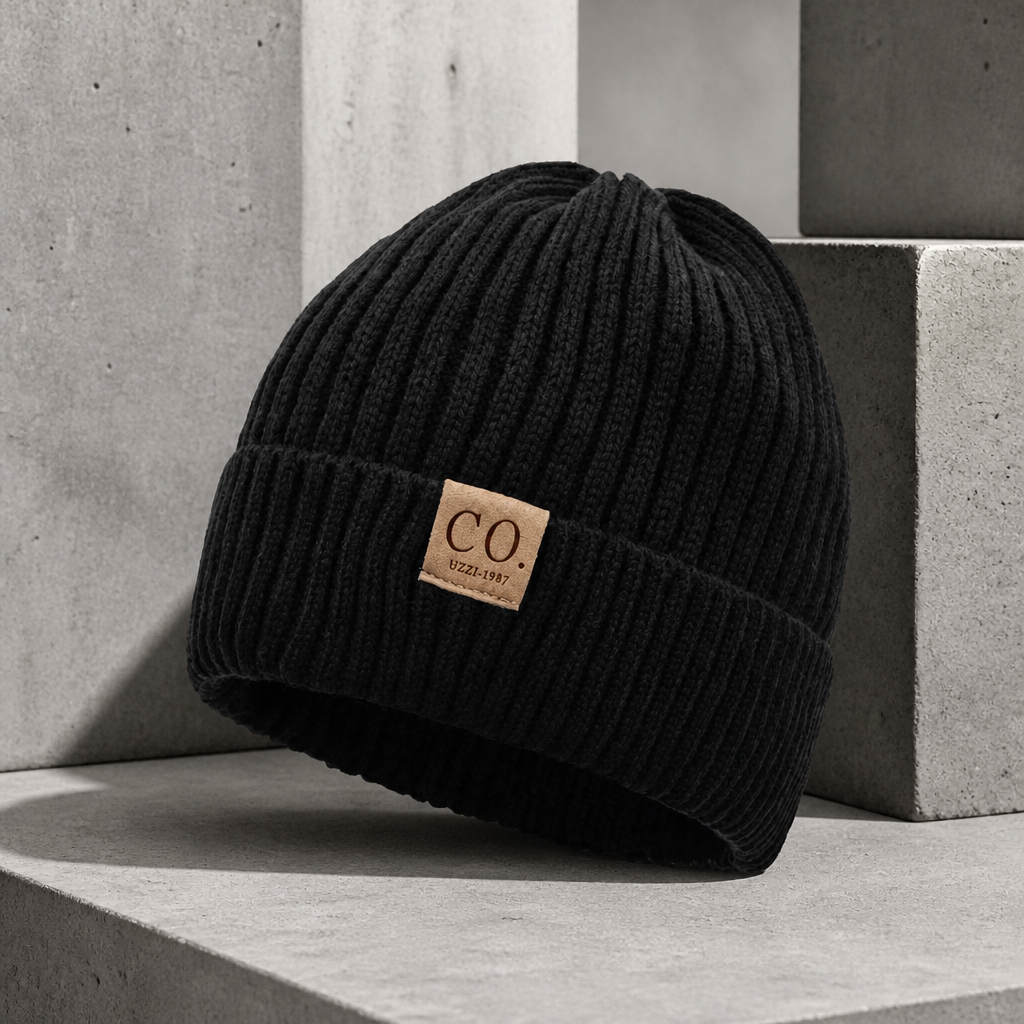 Bonnet chaud homme noir en maille côtelée doublé peluche, étiquette marron cousue sur le revers