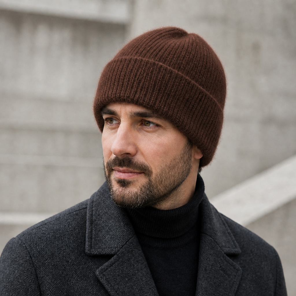 Homme portant le bonnet en laine marron à revers avec un manteau sombre