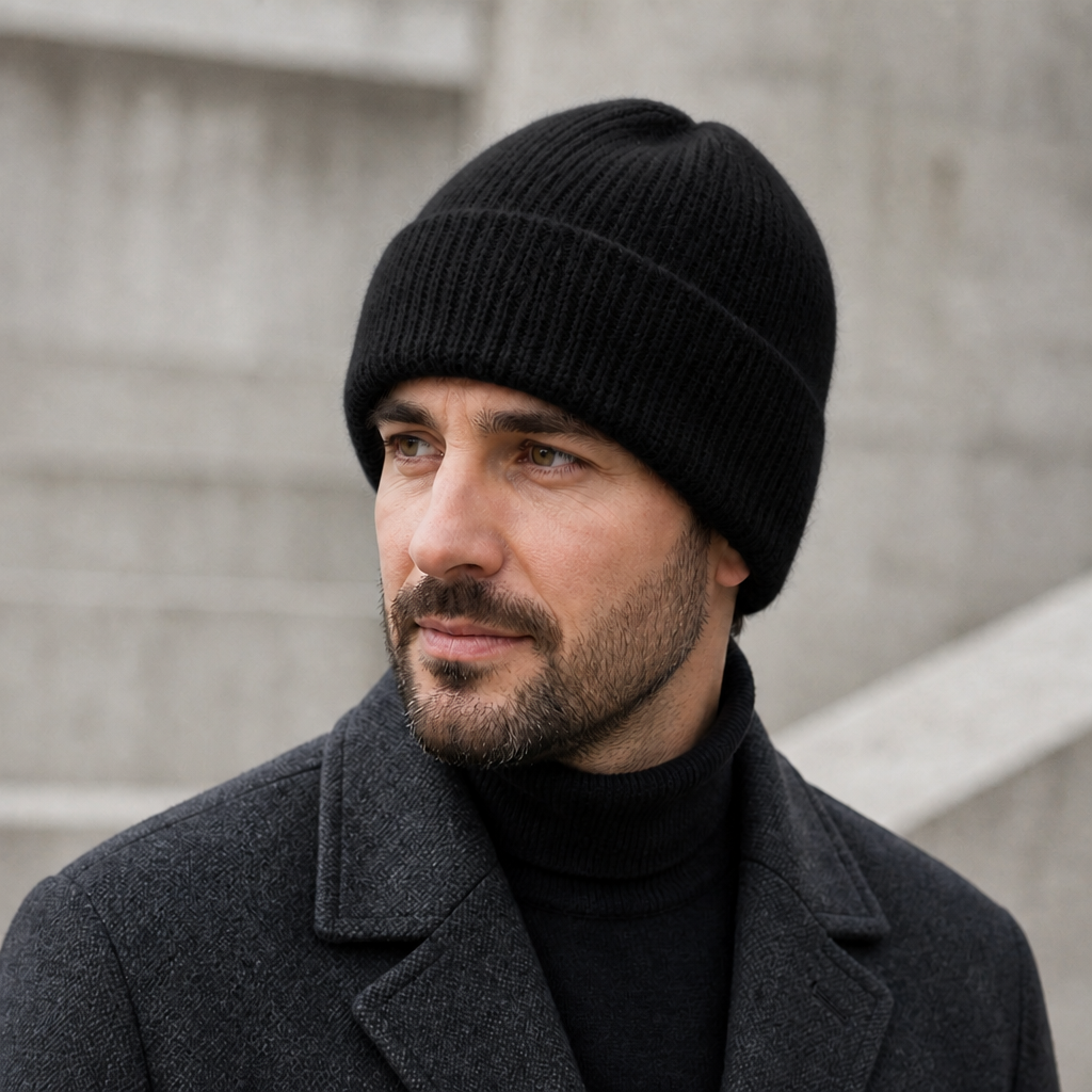 Homme portant le bonnet en laine noir, large revers descendu sur le haut des oreilles