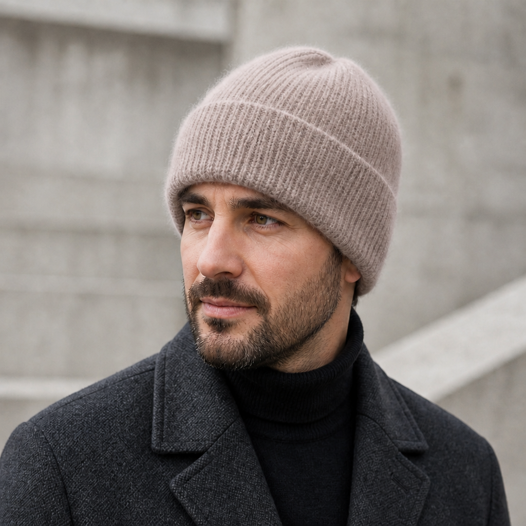 Des Finitions Exemplaires - Bonnet en Laine Homme à Revers, Maille Côtelée