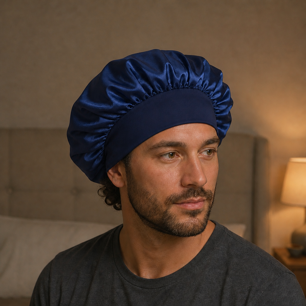 Homme portant le bonnet en satin bleu marine dans une chambre