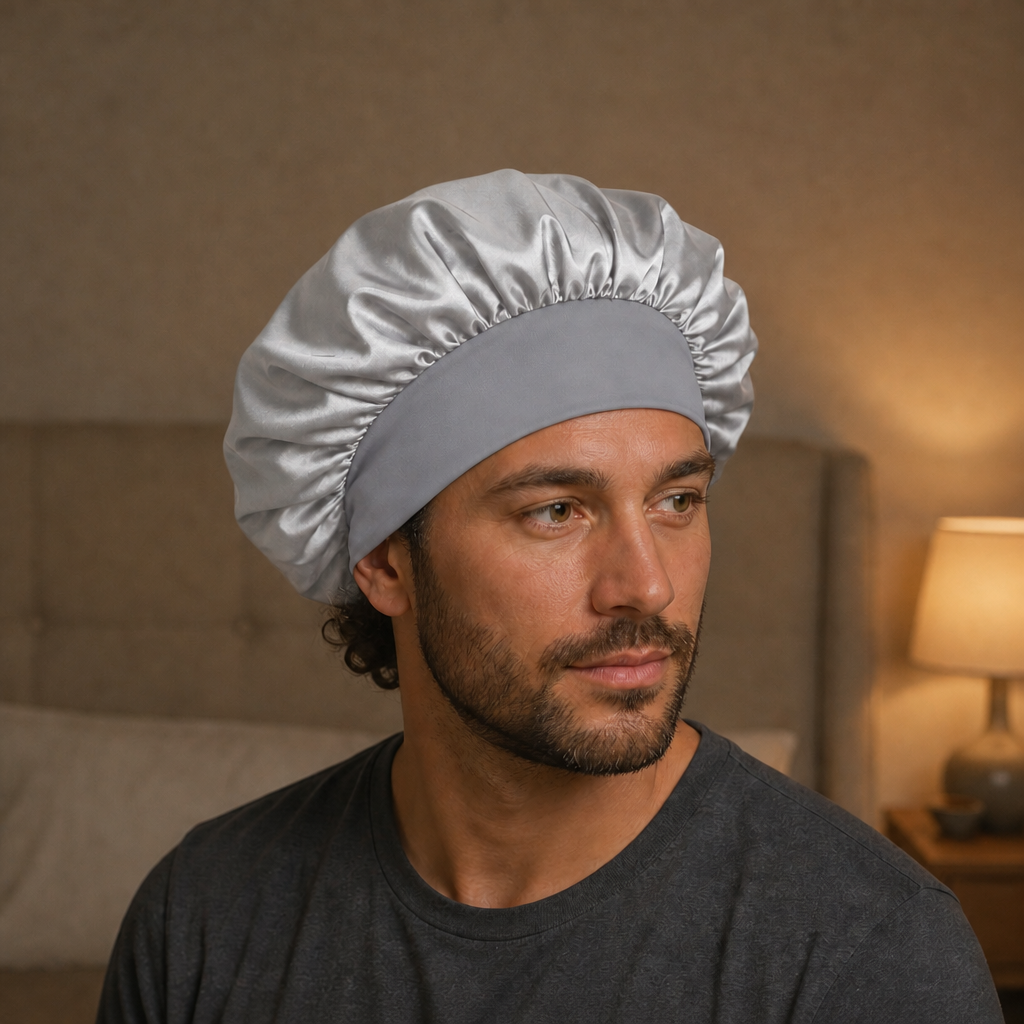Homme portant le bonnet en satin gris, boucles visibles sous le bandeau