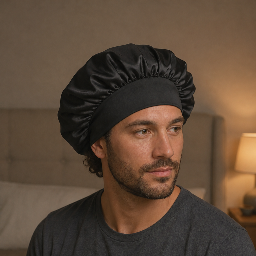 Homme portant le bonnet de nuit en satin noir, bandeau large posé sur le front