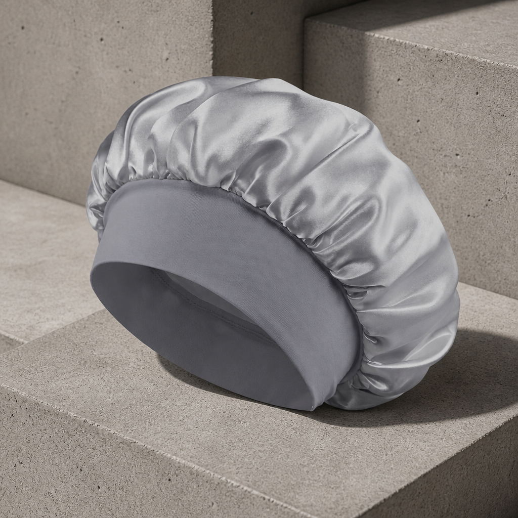 Bonnet en satin homme gris, satin argenté et bandeau gris mat