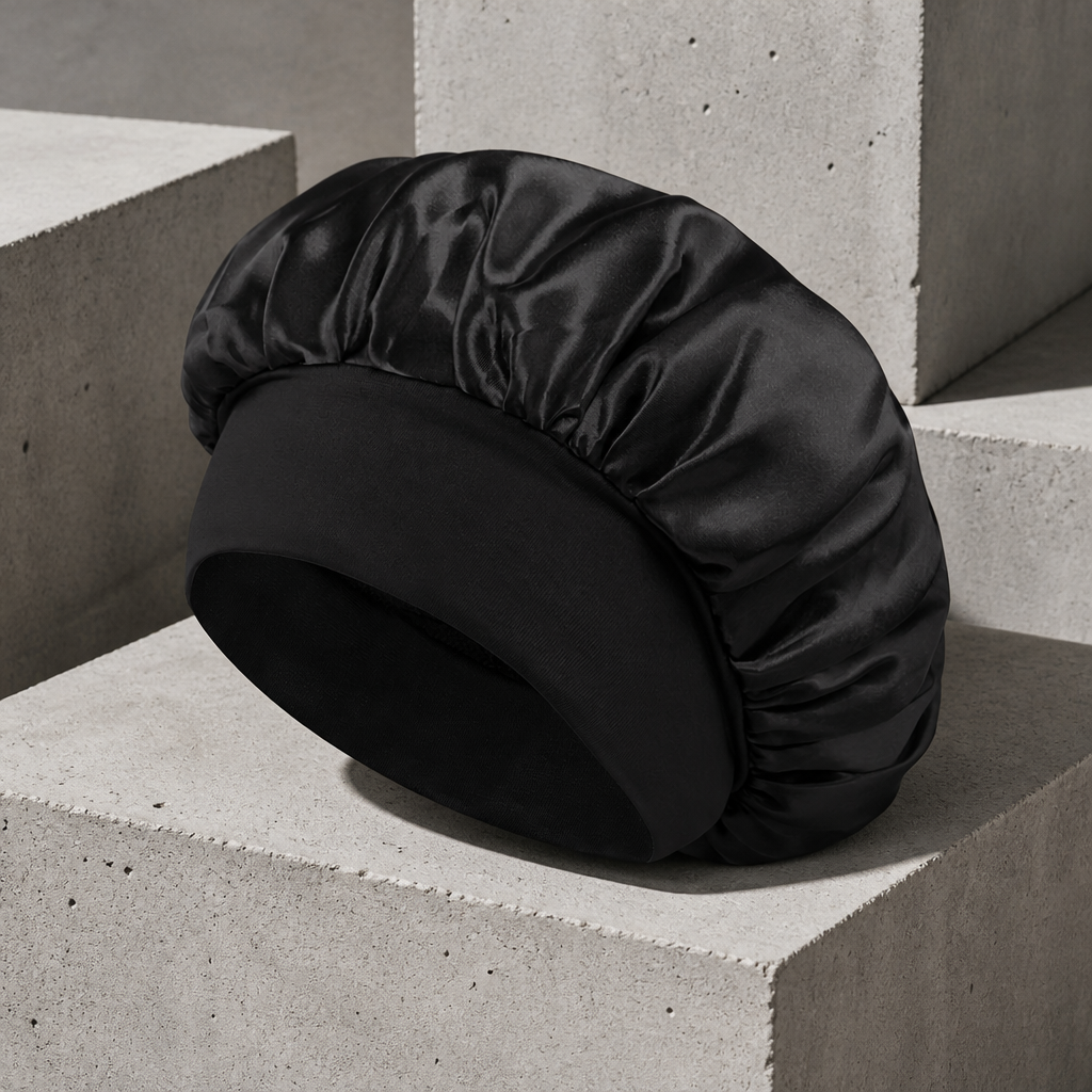 Bonnet en satin homme noir, calotte froncée et large bandeau mat