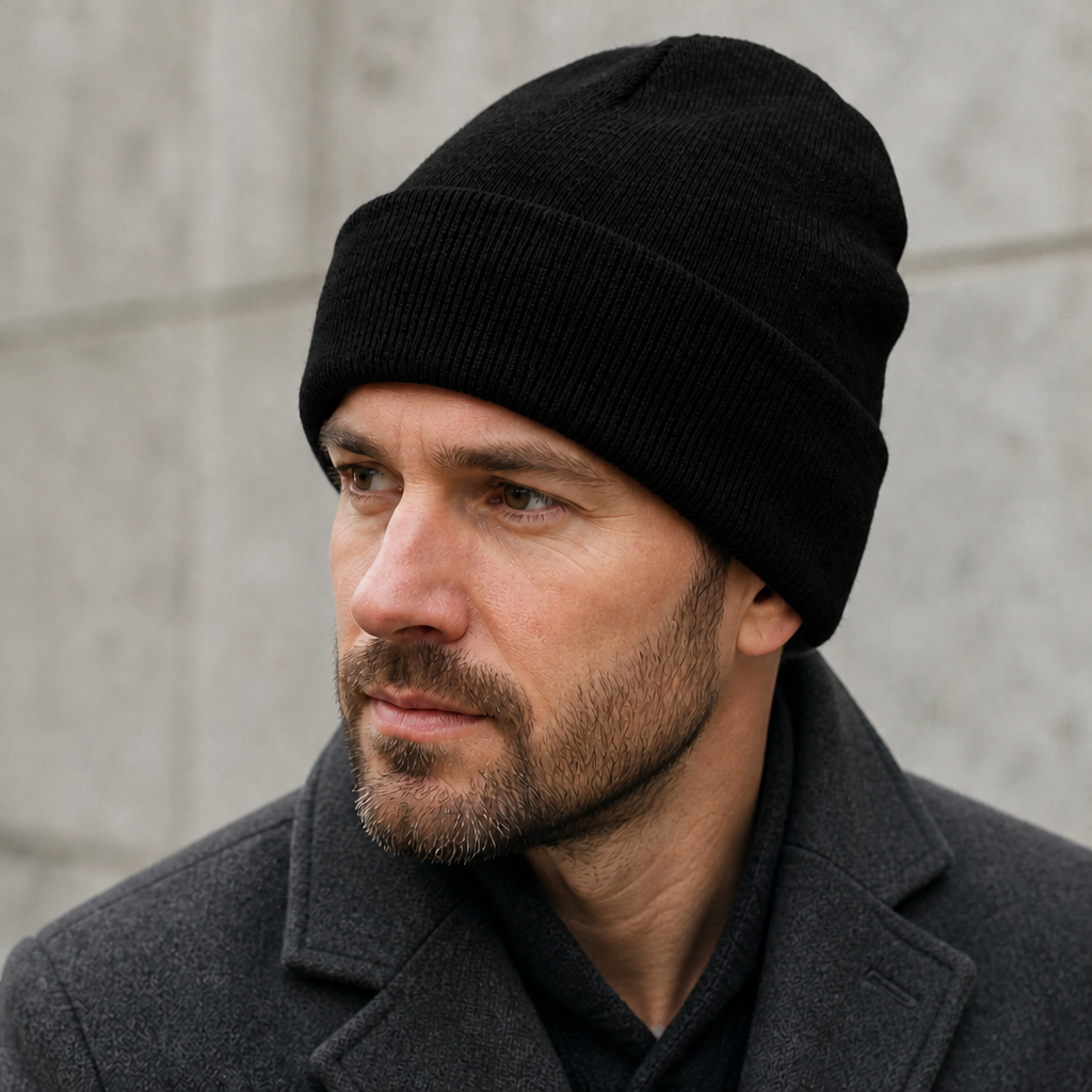 Homme portant le bonnet doublé satin noir à revers avec un manteau anthracite