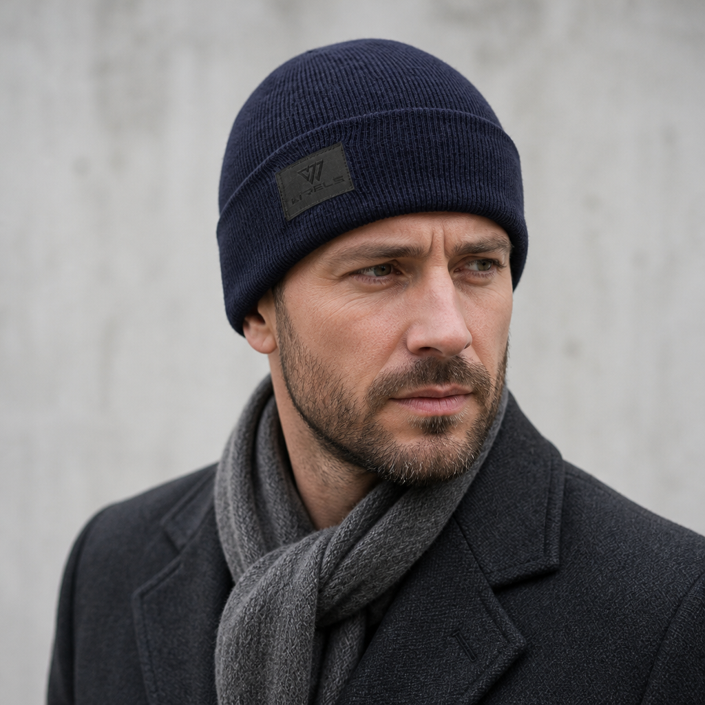 Homme portant le bonnet en laine mérinos bleu marine avec un manteau anthracite