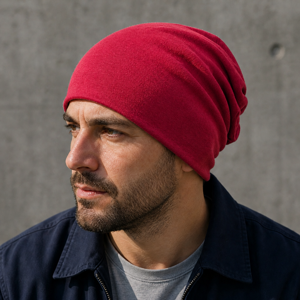 Homme portant le bonnet léger rouge, surplus de maille à l'arrière