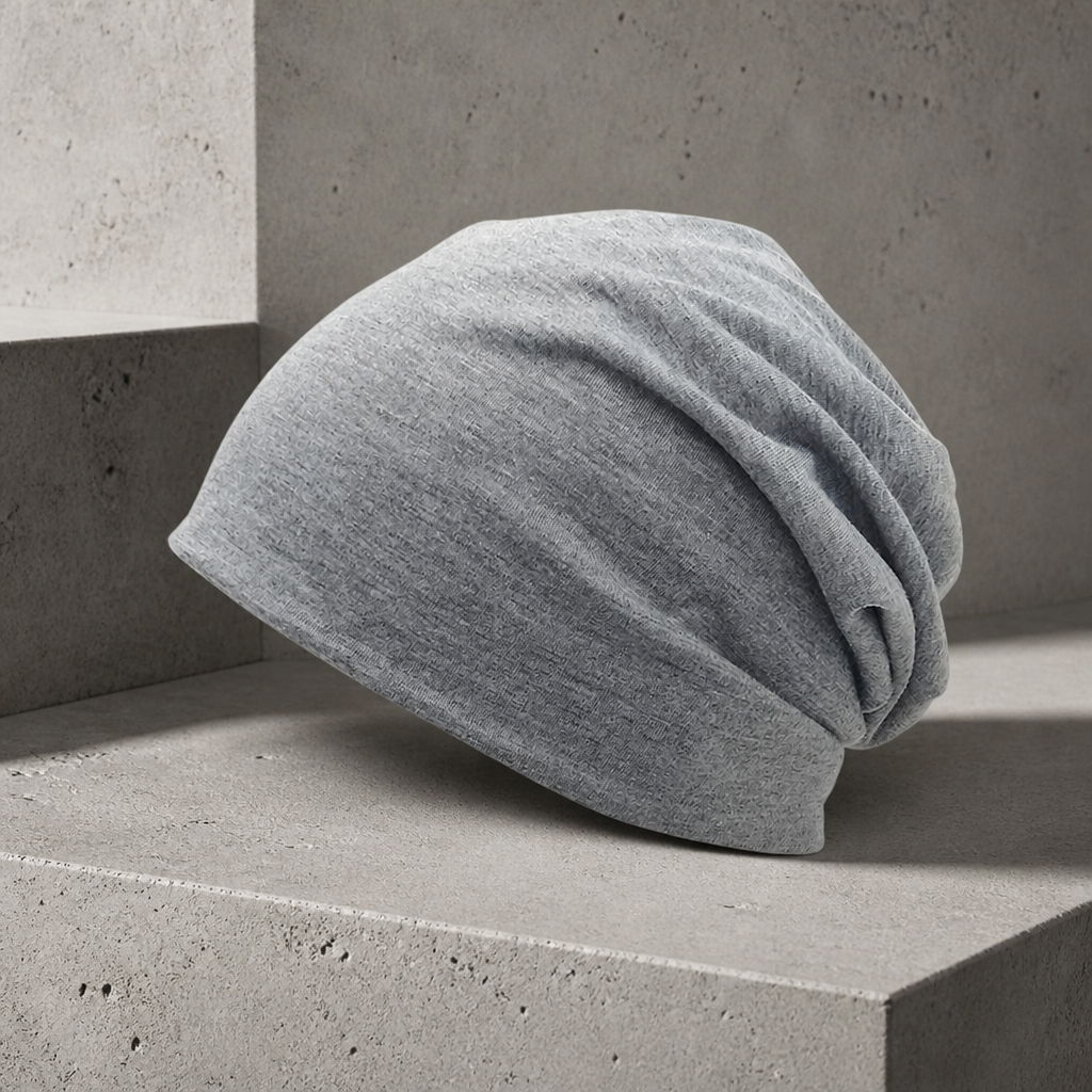 Bonnet léger homme gris chiné en maille fine posé sur un bloc de béton