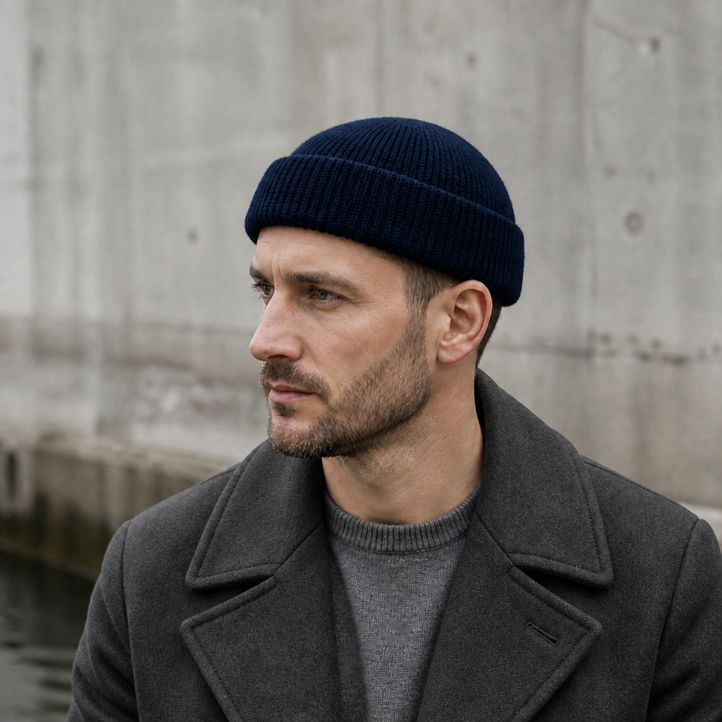Homme portant le bonnet court bleu marine avec un manteau gris